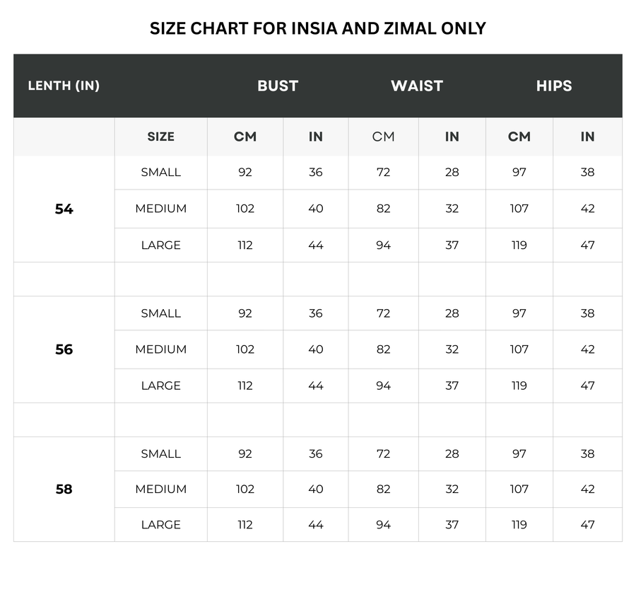 ZIMAL Dresses Size Chart