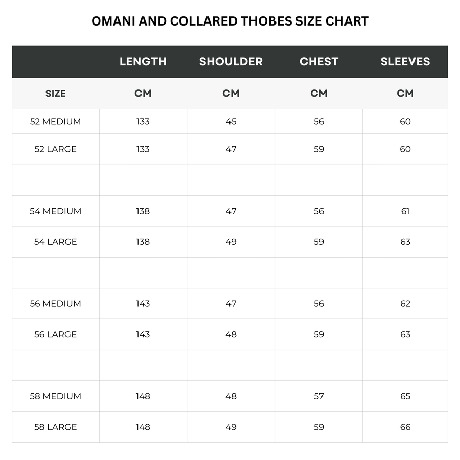 Collared Thobe Size Chart